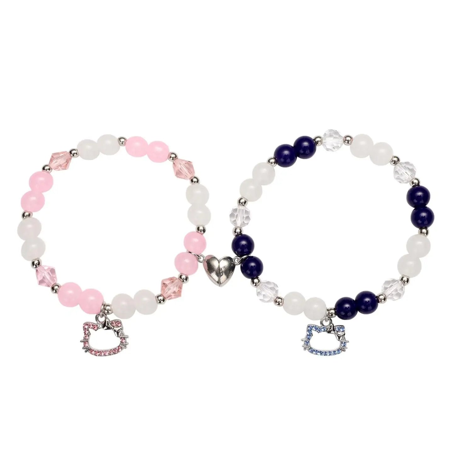 New 2Pcs/Set Crystal Hello Cat Beaded Bracelets for Lovers Heart Magnetic Matching Couple Bracelets Girls Festival Jewelry Gifts
