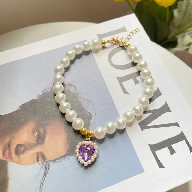 TONG Luxury Pearl Pet Collar Pet Cat Dog Collar Love Pendant Pet Supplies Love Crystal Collar Kitten Collar Cat Necklace