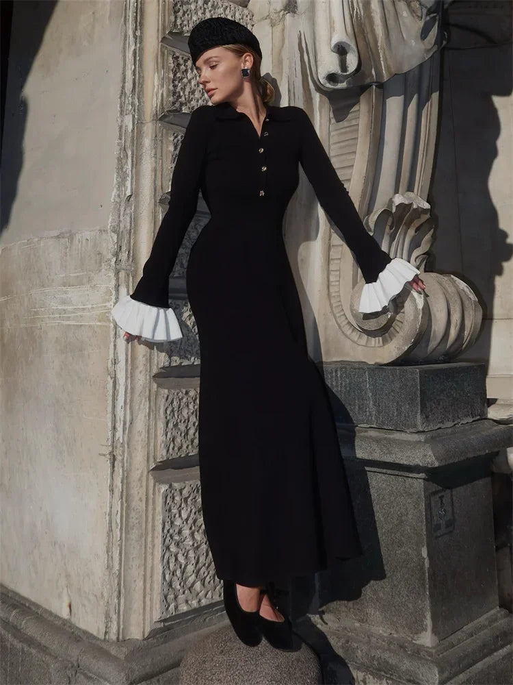 Tossy Female Ruffled Knitwear Long Dress Fashion Patchwork Slim Contrast Lapel Casual Party Dress Gown Women's Knit Maxi Dress