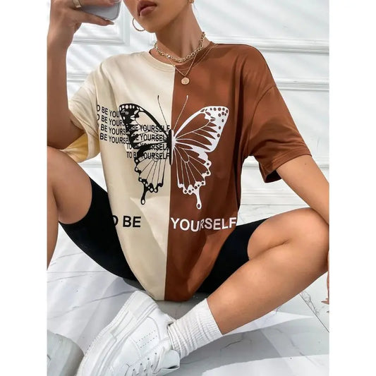 Women's 3D butterfly color splicing printed T-shirt oversized round neck Harajuku T-shirt short-sleeved casual street