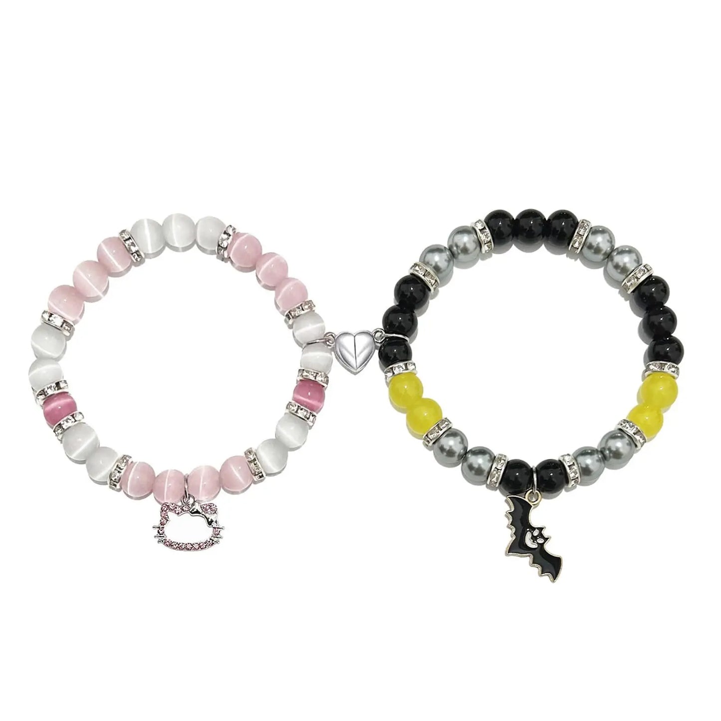 New 2Pcs/Set Crystal Hello Cat Beaded Bracelets for Lovers Heart Magnetic Matching Couple Bracelets Girls Festival Jewelry Gifts