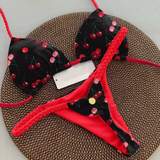 2Pcs/Set Women Bikini Set Halter Lace-Up Sleeveless Bra Braided Rope Swimming Briefs Set Sexy Quick Drying Beachwear