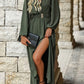 Plus Size Women's Plain V Neck Long Sleeve Split Casual Dresses Beach Holiday Maxi Women's Long Dresses