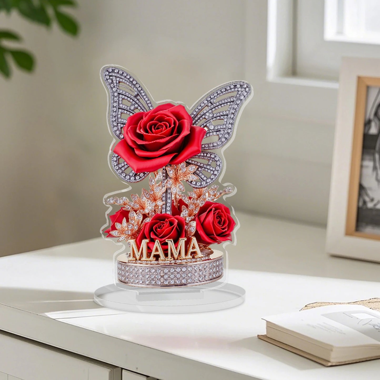 A gift for mom: An eternal souvenir, an acrylic display stand decorated with roses and butterflies. A beautiful gift