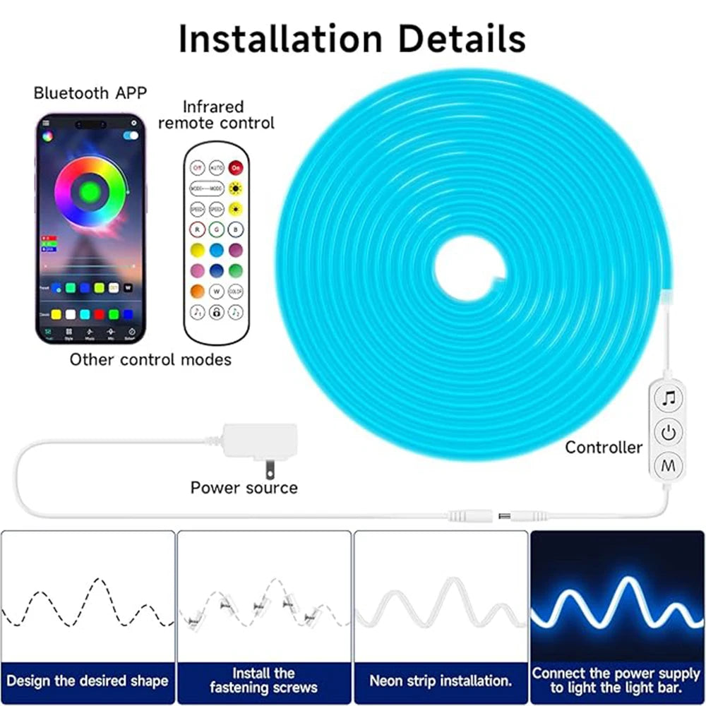 5M Silicone Neon LED Strip 24V Bluetooth RGB Music Sync IP67 Waterproof 72LEDs/M Rope Light for Home Party Decor