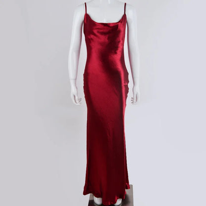 Sexy Spaghetti Strap Backless Summer Dress Women Gold Satin Lace Up Long Dress Elegant Bodycon Party Club Dresses 2024 New