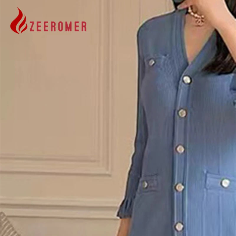 2025 New Blue Slim Knitted Long Dress Women's Round Neck Midi Sleeve Fashion Pleated Ruffled Hem Temperament Luxury Party Robe