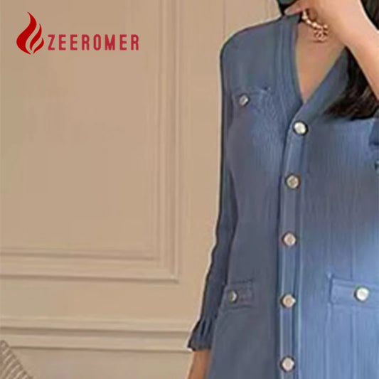 2025 New Blue Slim Knitted Long Dress Women's Round Neck Midi Sleeve Fashion Pleated Ruffled Hem Temperament Luxury Party Robe