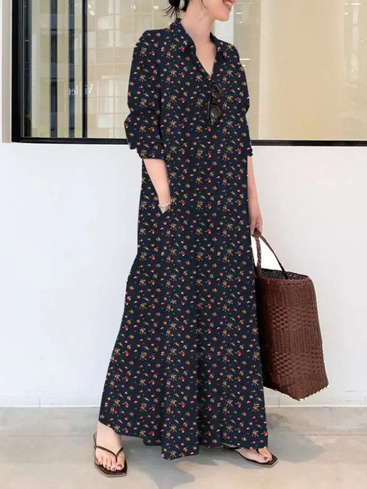 Bohemian Women Sundress Autumn Vintage Long Dress 2023 ZANZEA Lapel Floral Printed Long Sleeve Shirt Vestidos Robe Retro Kaftan