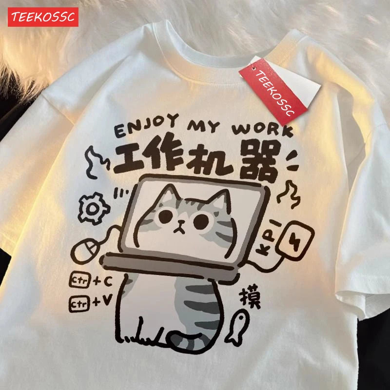 American Short Cat Numb Funny Short Sleeved t-shirt For Women In 2024 Summer New Casual Loose Oversized Cotton Top Tees
