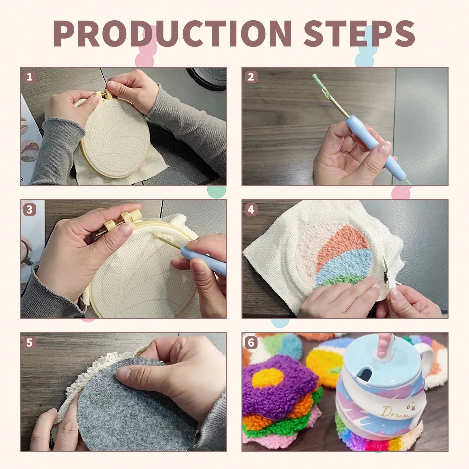 CHENISTORY 6Pcs Punch Needle Coasters Kit for Adults Funny Easy Art Punch Needle Embroidery Kit Christmas Gift Tufted Rug Pads