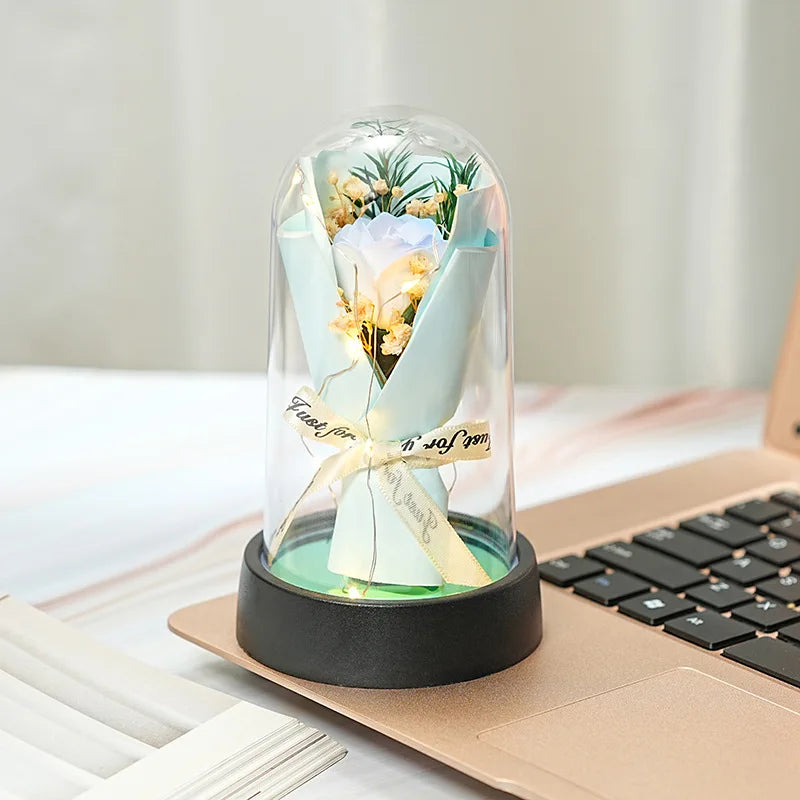 Everlasting Rose LED Glass Dome Bouquet Romantic Illuminated Ornament Perfect Valentine's Day Christmas Home Decor Romantic Gift