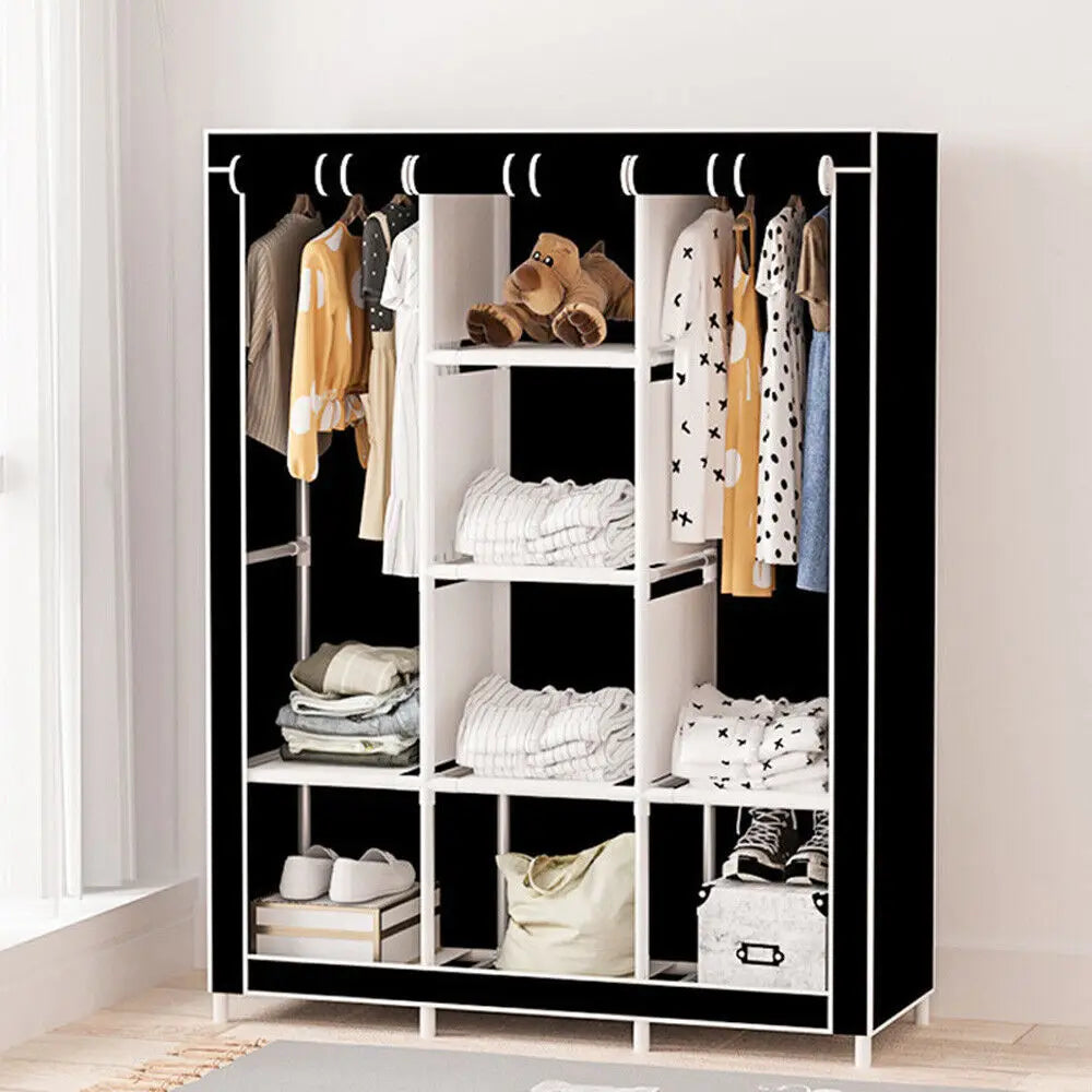 Portable Large Fabric Canvas Wardrobe Canvas Wardrobe With Hanging Rail Sheing Fabric Cloth Cupboard