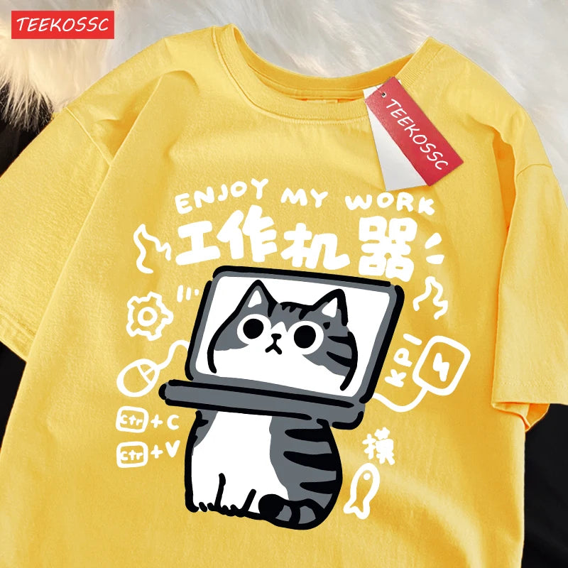 American Short Cat Numb Funny Short Sleeved t-shirt For Women In 2024 Summer New Casual Loose Oversized Cotton Top Tees