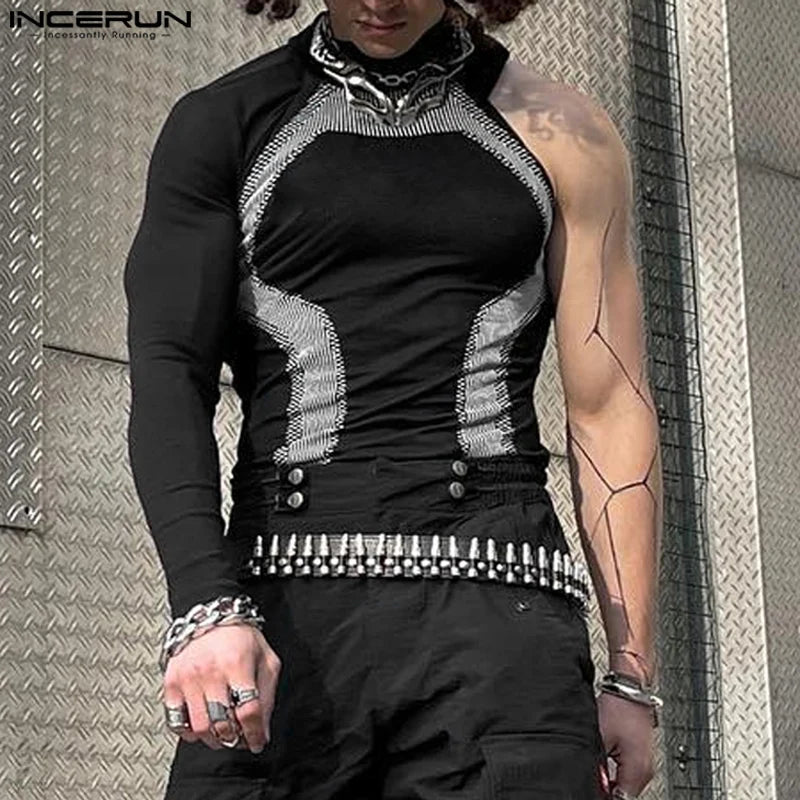 INCERUN Men Simple Camisetas Men Well Fitting Long Sleeved Handsome Knitted T-Shirts 2024 Casual Printing Stand Collar Male Tops