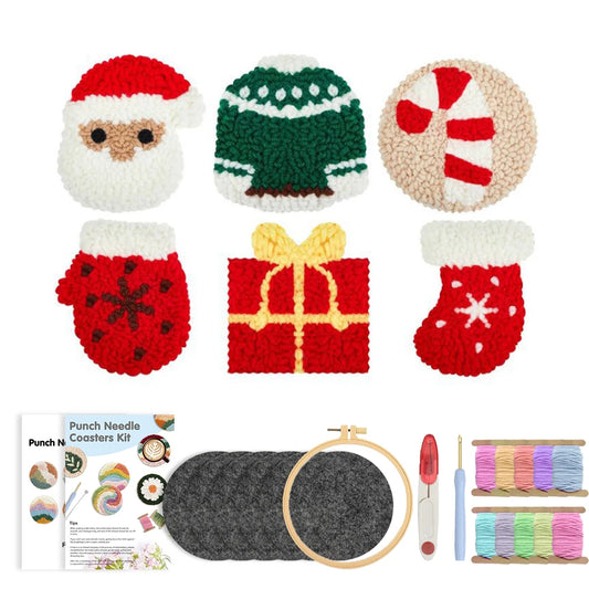 CHENISTORY 6Pcs Punch Needle Coasters Kit for Adults Funny Easy Art Punch Needle Embroidery Kit Christmas Gift Tufted Rug Pads