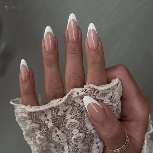 Glossy Nude Pink Color False Nails White French Tip Almond Press on Nails Full Cover Wearable Fake Nails for Women and Girls