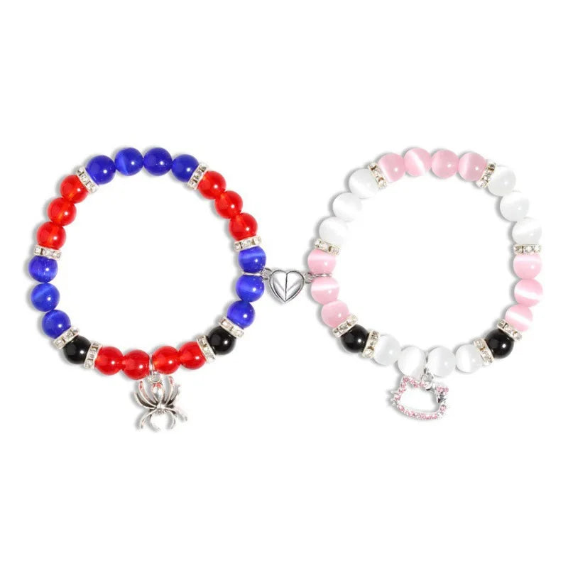 New 2Pcs/Set Crystal Hello Cat Beaded Bracelets for Lovers Heart Magnetic Matching Couple Bracelets Girls Festival Jewelry Gifts