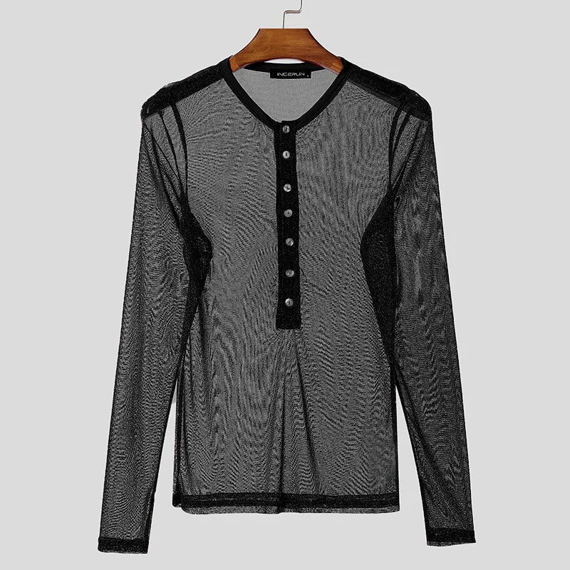 Fashion Well Fitting Tops INCERUN Men Sparkling Fabric T-shirts Male Personality Clubwear Hot Selling Thin Long Sleeved Camiseta
