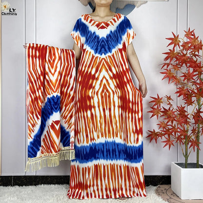 2024 New Style Short Sleeve African Dashiki Tie-dyed Cotton Abaya Caftan Lady Summer Maxi Islam Casual Dresses With Big Scarf