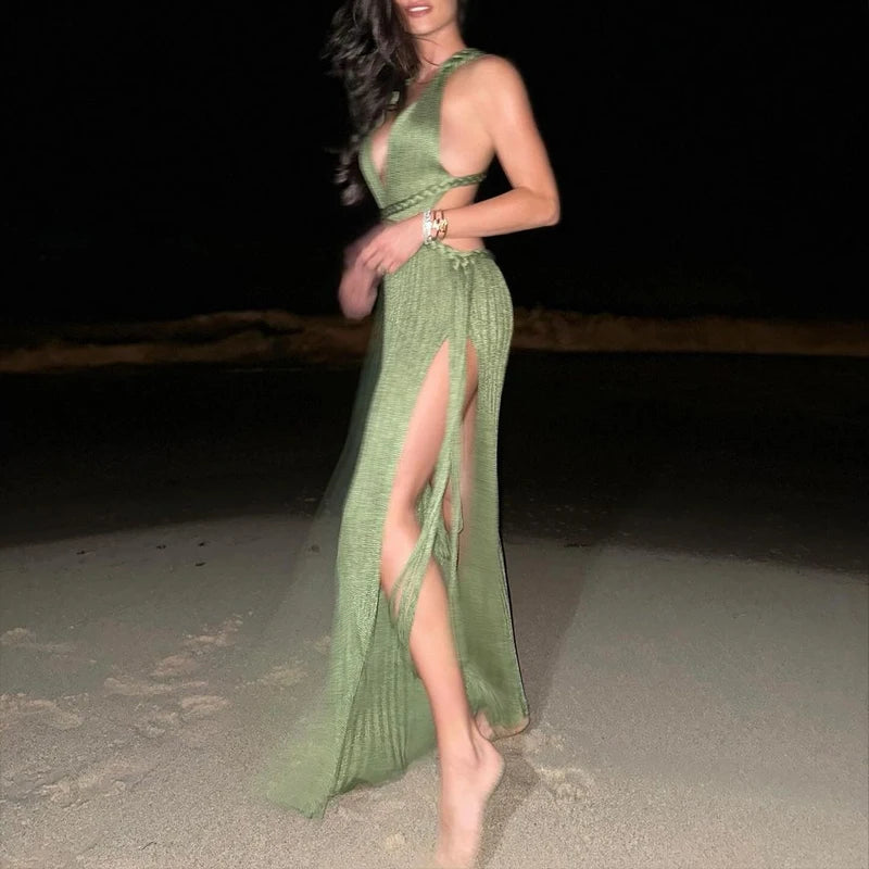 Sexy Hollow Out Sleeveless Knitted Long Dress Ladies 2025 V Neck Solid Slim Fit Summer Maxi Dress Elegant High Split Beach Dress