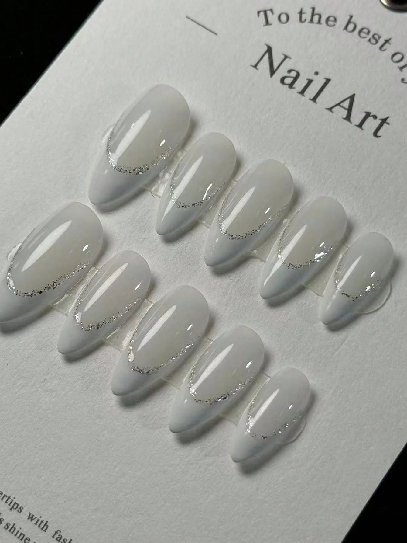 10 pieces of pure handmade almond-shaped nails with white French tips, glittering powder outlining, dazzling and eye-catching, s