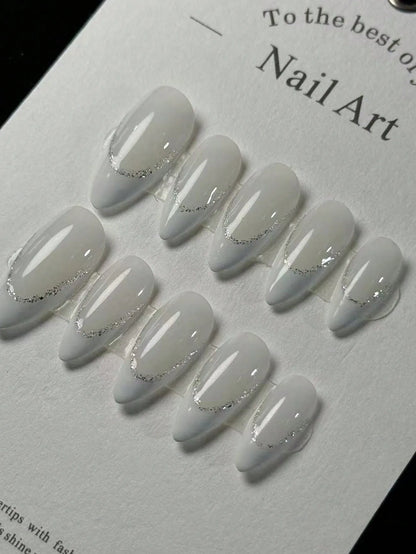 10 pieces of pure handmade almond-shaped nails with white French tips, glittering powder outlining, dazzling and eye-catching, s