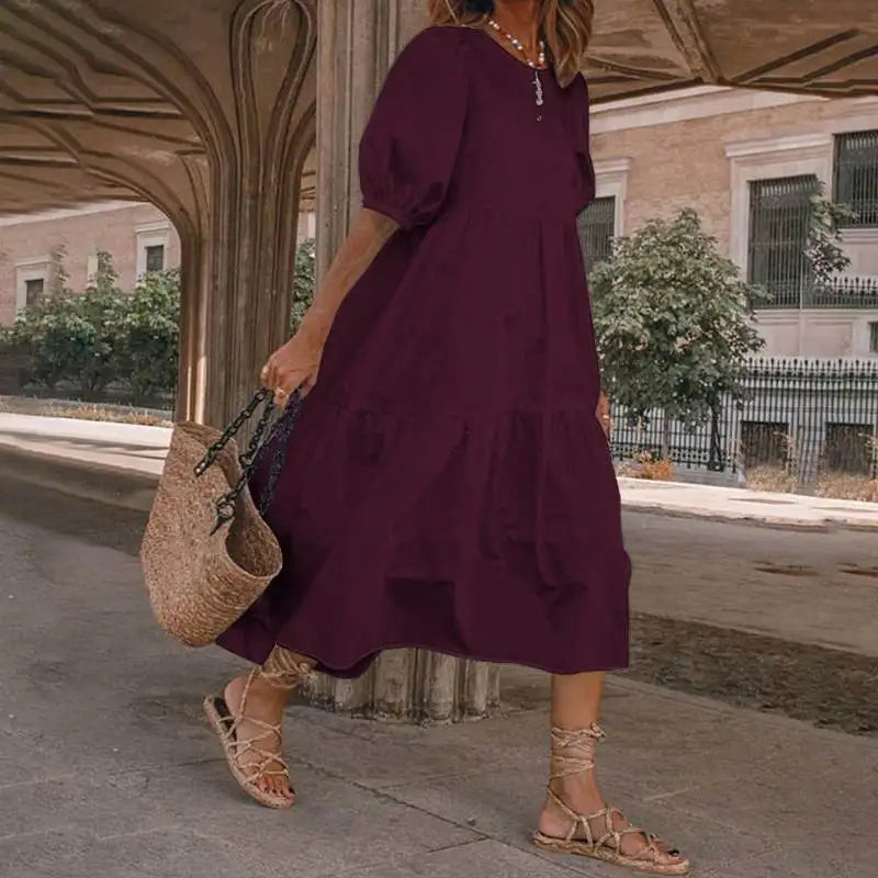 Vintage Loose Maxi Long Dress Summer Women O-Neck Half Lantern Sleeve Boho Party Beachwear Dresses ZYYX-1182