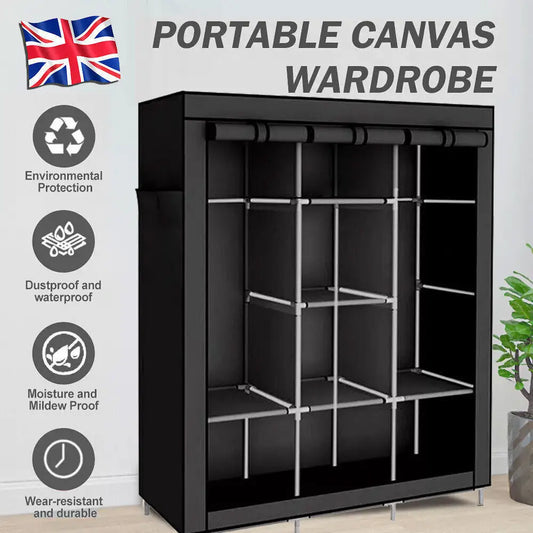 Portable Large Fabric Canvas Wardrobe Canvas Wardrobe With Hanging Rail Sheing Fabric Cloth Cupboard