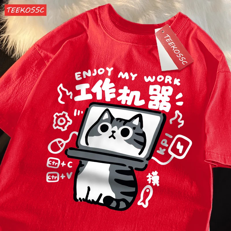 American Short Cat Numb Funny Short Sleeved t-shirt For Women In 2024 Summer New Casual Loose Oversized Cotton Top Tees