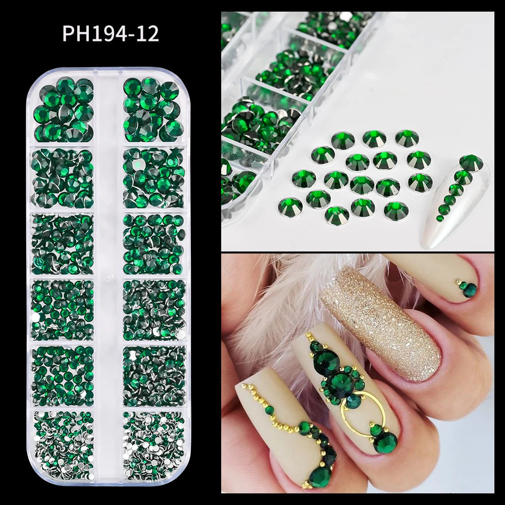 12Grids Ocean Gold Nail Art Charms Shell/Seahorse/Starfish White Half Round Pearl Gems 3D Mixed Punk Manicure Metal Rivets Studs