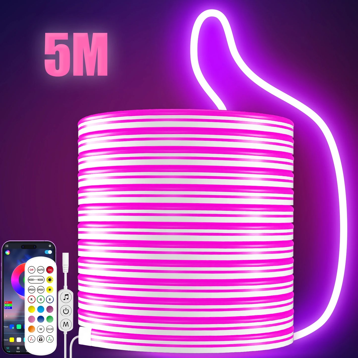 5M Silicone Neon LED Strip 24V Bluetooth RGB Music Sync IP67 Waterproof 72LEDs/M Rope Light for Home Party Decor