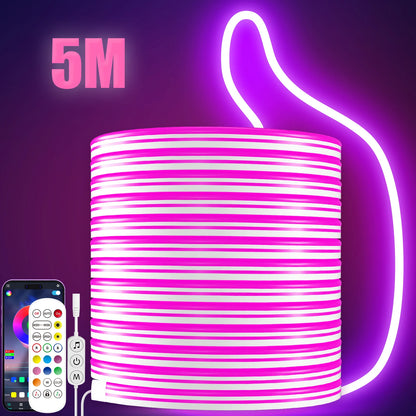 5M Silicone Neon LED Strip 24V Bluetooth RGB Music Sync IP67 Waterproof 72LEDs/M Rope Light for Home Party Decor