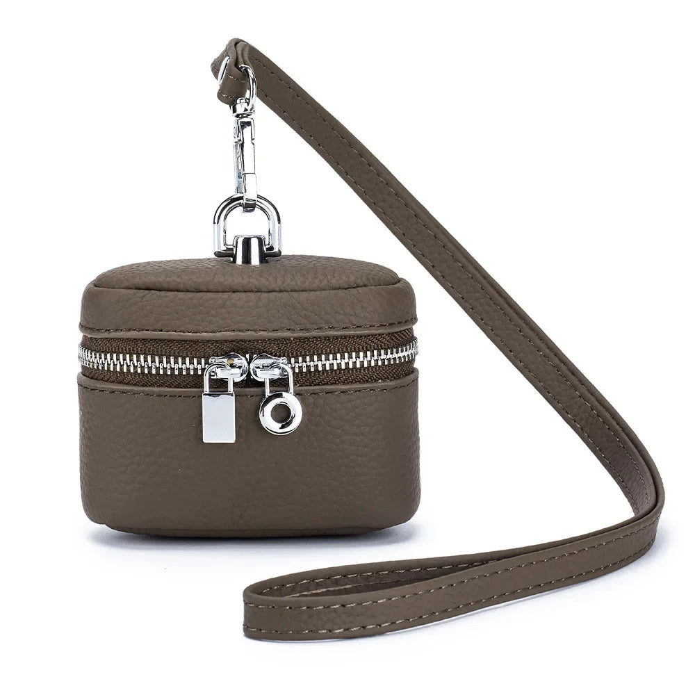 New Women's Genuine Leather Compact Halterneck Coin Purses Simple and Portable Makeup Storage Bag Mini Headphone Bags