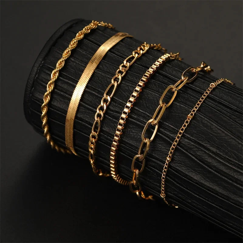 6Pcs Gold Color Bracelet Set Boho Retro Multilayer Thick Twist Cuban Chain Bracelet For Women 2024 Trendy Quality Jewelry Gifts