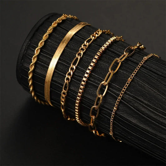6Pcs Gold Color Bracelet Set Boho Retro Multilayer Thick Twist Cuban Chain Bracelet For Women 2024 Trendy Quality Jewelry Gifts