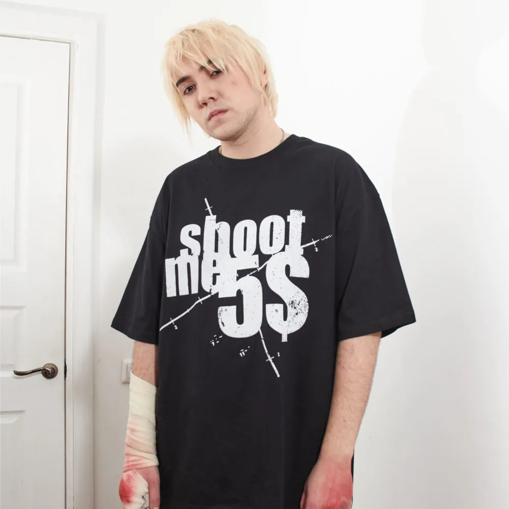 Harajuku Oversized Streetwear Men's Clothing SHOOTME5$ Graphic Print Tshirt Cotton Hip Hop Letter Short Sleeve Tops Tee Goth Y2k