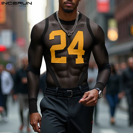 Stylish Well Fitting Tops INCERUN Men's See-through Digital Print T-shirt Casual Party All-match Thin Long Sleeved Camiseta 2025