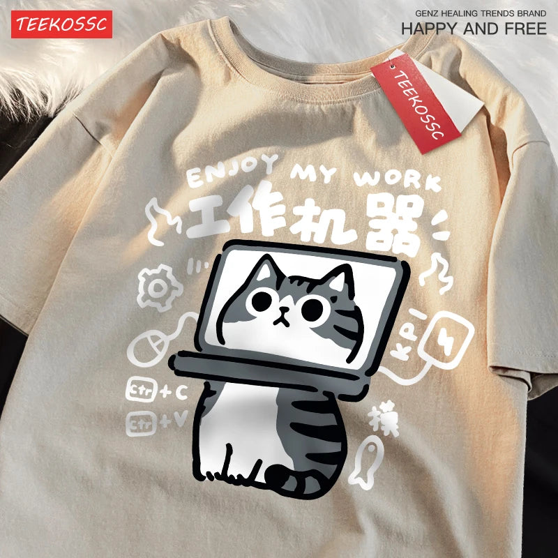 American Short Cat Numb Funny Short Sleeved t-shirt For Women In 2024 Summer New Casual Loose Oversized Cotton Top Tees