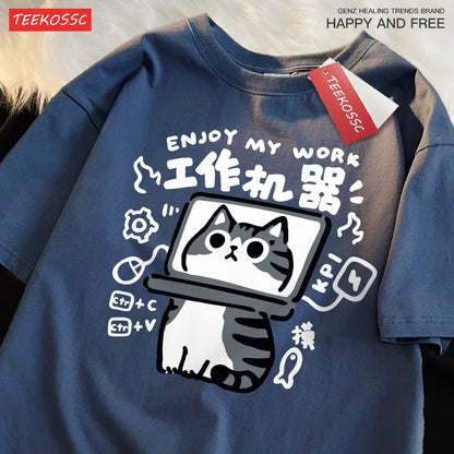 American Short Cat Numb Funny Short Sleeved t-shirt For Women In 2024 Summer New Casual Loose Oversized Cotton Top Tees