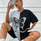 Women's 3D butterfly color splicing printed T-shirt oversized round neck Harajuku T-shirt short-sleeved casual street