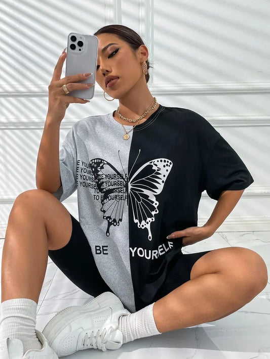 Women's 3D butterfly color splicing printed T-shirt oversized round neck Harajuku T-shirt short-sleeved casual street