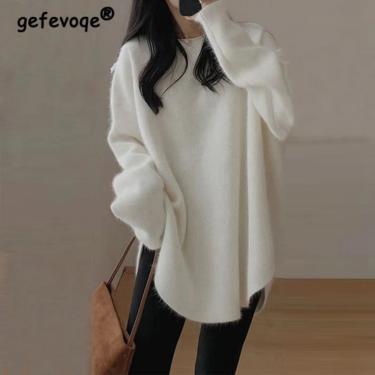 Women's Korean Fashion Simple Chic Oversized Knitted Sweater Solid O Neck Long Sleeve Pullover Tops Streetwear Irregular Jumpers