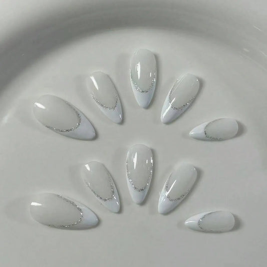 10 pieces of pure handmade almond-shaped nails with white French tips, glittering powder outlining, dazzling and eye-catching, s
