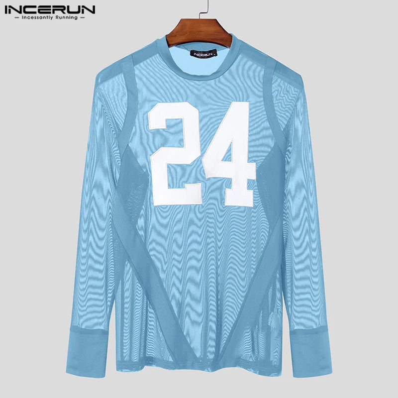 Stylish Well Fitting Tops INCERUN Men's See-through Digital Print T-shirt Casual Party All-match Thin Long Sleeved Camiseta 2025