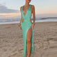 Sexy Hollow Out Sleeveless Knitted Long Dress Ladies 2025 V Neck Solid Slim Fit Summer Maxi Dress Elegant High Split Beach Dress