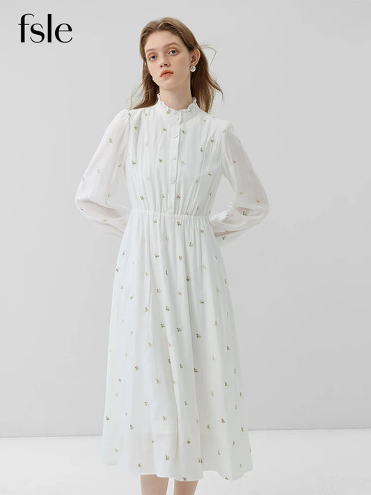 FSLE Flower Dress Autumn 2023 New Sweet Exquisite Women's Long Dress White Women Casual Loose Full Sleeve Dress For Women