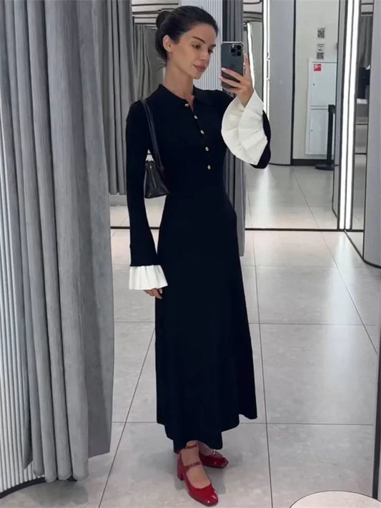 Tossy Female Ruffled Knitwear Long Dress Fashion Patchwork Slim Contrast Lapel Casual Party Dress Gown Women's Knit Maxi Dress