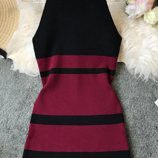 2024 summer women's hanging neck knit long dress round neck stripes hit color waist slim slim ming knit long dress office lady
