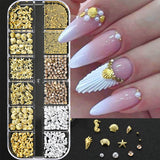 12Grids Ocean Gold Nail Art Charms Shell/Seahorse/Starfish White Half Round Pearl Gems 3D Mixed Punk Manicure Metal Rivets Studs